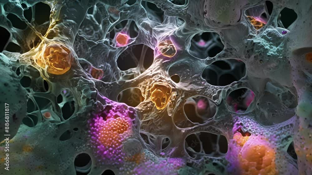 Poster a colored scanning electron micrograph of apoptotic cells exhibiting irregular shapes and fragmented