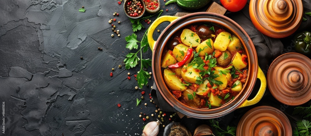 Poster a traditional moroccan and algerian vegetarian tajine dish with potatoes, eggplants, zucchini, and p