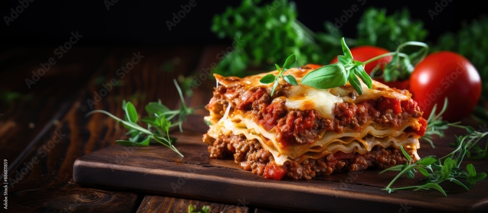 Poster Top view of Italian lasagna with bolognese sauce and minced beef on a dark wooden surface with room for text or other elements in the image