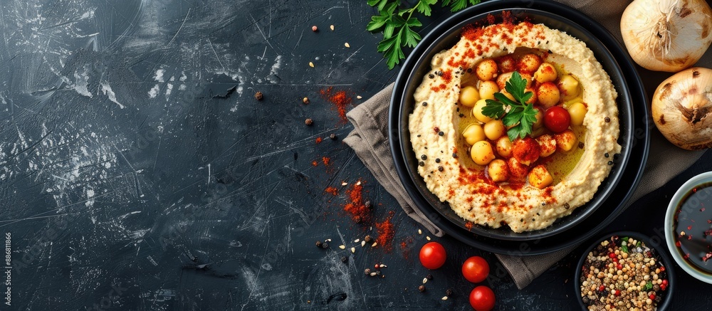 Aufkleber A top view of a classic hummus dish displayed with a blank area for additional image or text, known as a copy space image.