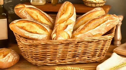 Freshly baked French baguettes arranged in a rustic wicker basket on a wooden table, ready for a delicious meal or cafe display.