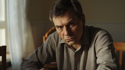 Obraz premium Eastern European Middle Aged Man in Thoughtful Pose at Home, Natural Indoor Lighting