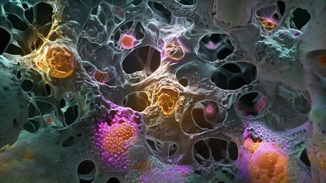 A colored scanning electron micrograph of apoptotic cells exhibiting irregular shapes and fragmented nuclei.