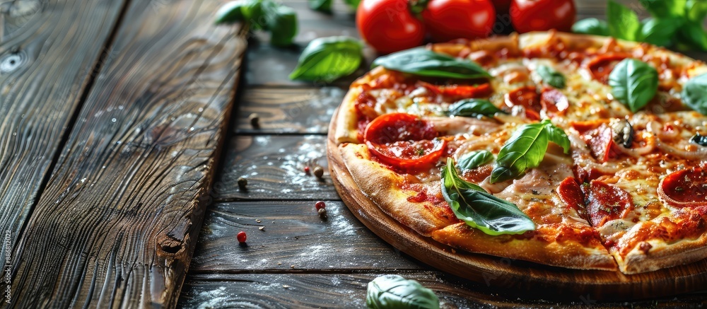 Poster fresh pizza on wooden surface with copy space image.