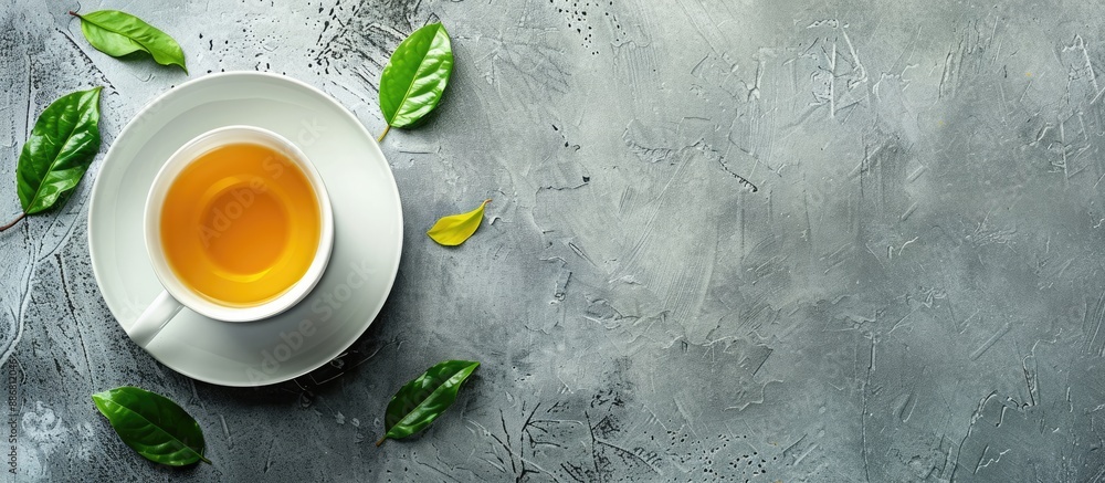 Aufkleber on a gray table, there is a cup of green tea with leaves, providing a perfect area for a text to be 