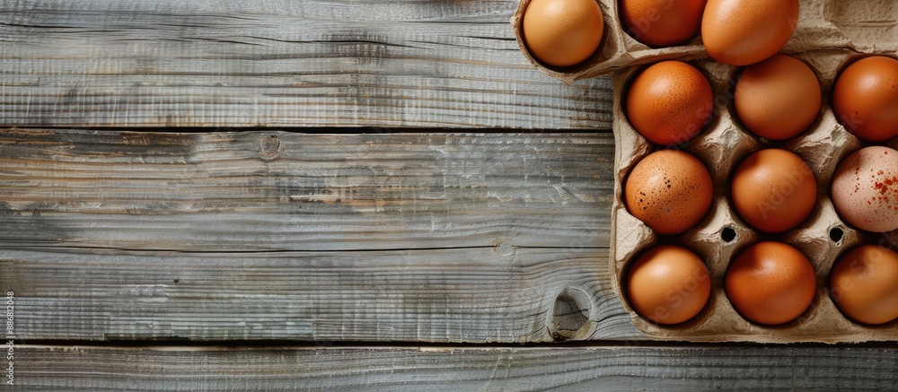Poster Top view of organic farm chicken eggs with pepper in a cardboard box placed on a gray wooden table, creating a rustic composition with copy space image.