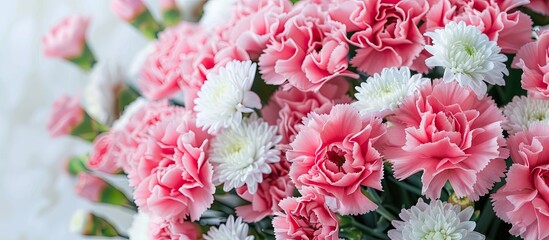 Bouquet of pink carnations and white chrysanthemums with space for text.