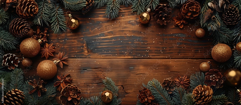 Poster top view of a christmas-themed wooden background adorned with pinecones and golden balls, representi