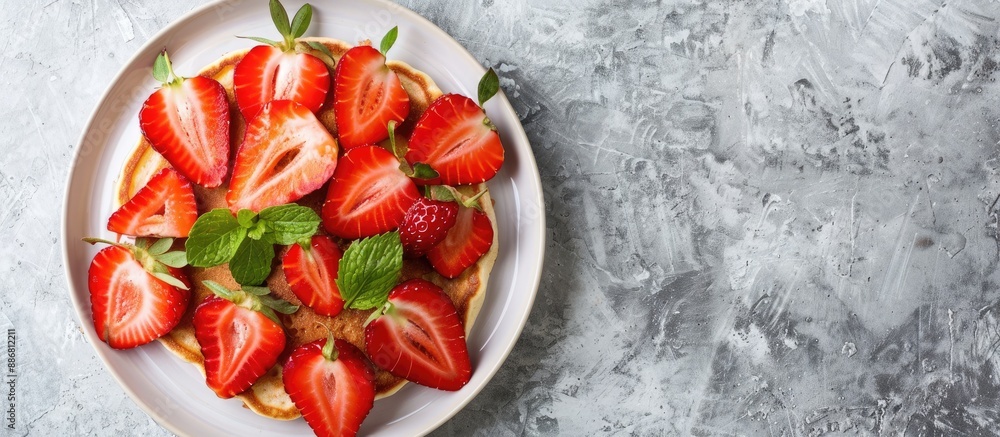 Poster a plate displaying delicious strawberry pancakes with copy space image.