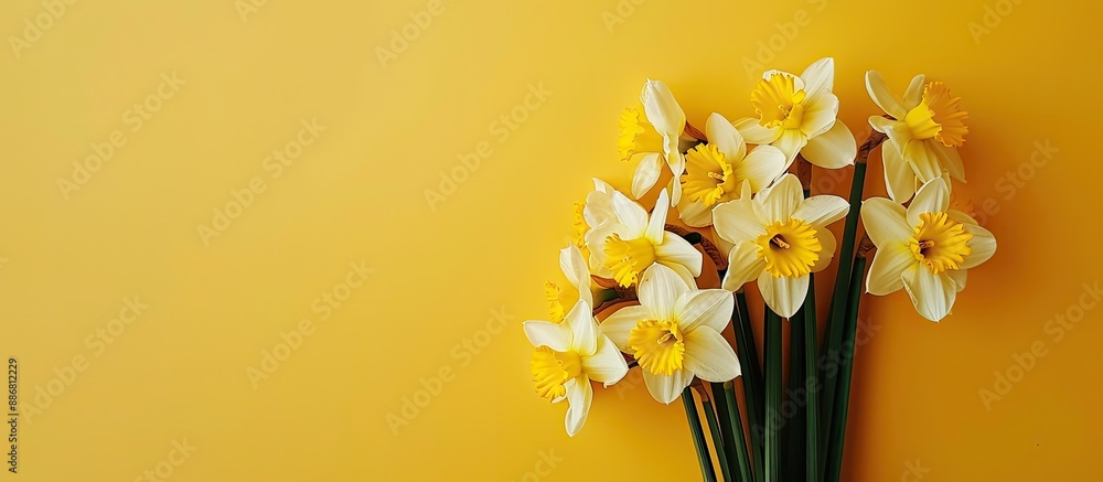 Aufkleber minimalistic spring concept featuring a bouquet of daffodils against a yellow backdrop with a copy s