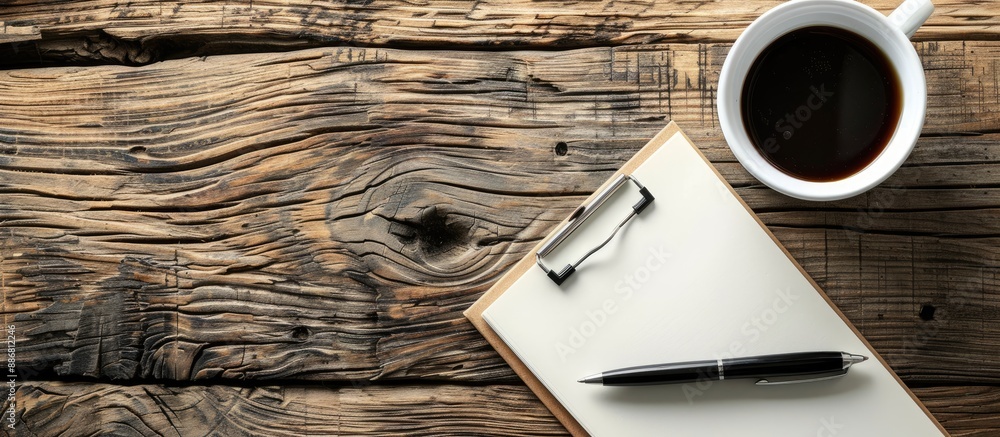 Poster wooden table with a notepad, pen, and coffee cup, offering space for customized content in the image