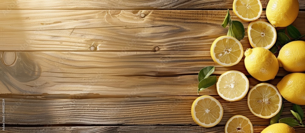 Poster wooden table with lemon pieces arranged for copy space image.