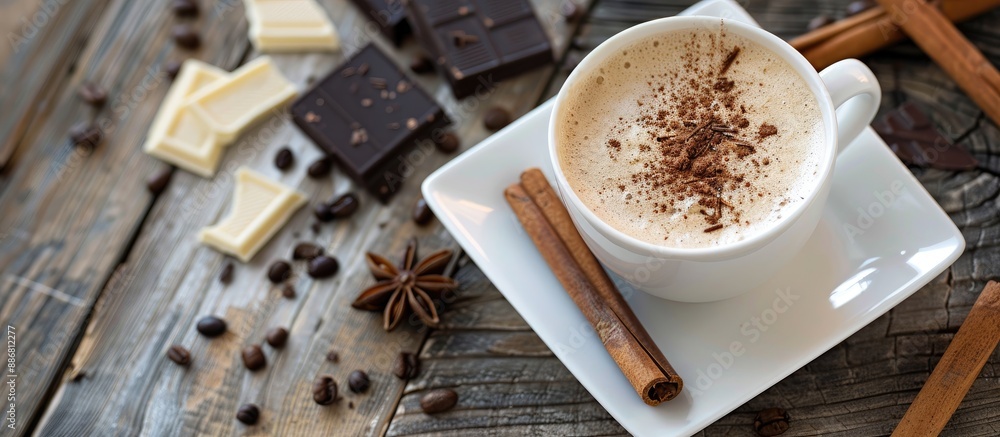 Poster latte cup with froth on a square saucer on a wooden table with cinnamon sticks, chocolate, and coffe