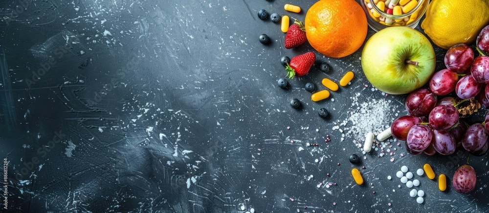 Poster Chalkboard with pills and fruits, creating a vibrant arrangement with copy space image.