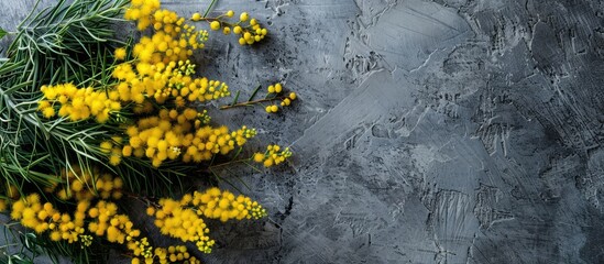 Mimosa flowers in a lovely bouquet with copy space image on a gray surface.