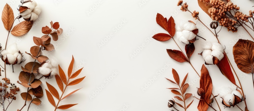 Poster autumn-themed arrangement with cotton flowers and dried leaves on a white background, emphasizing th