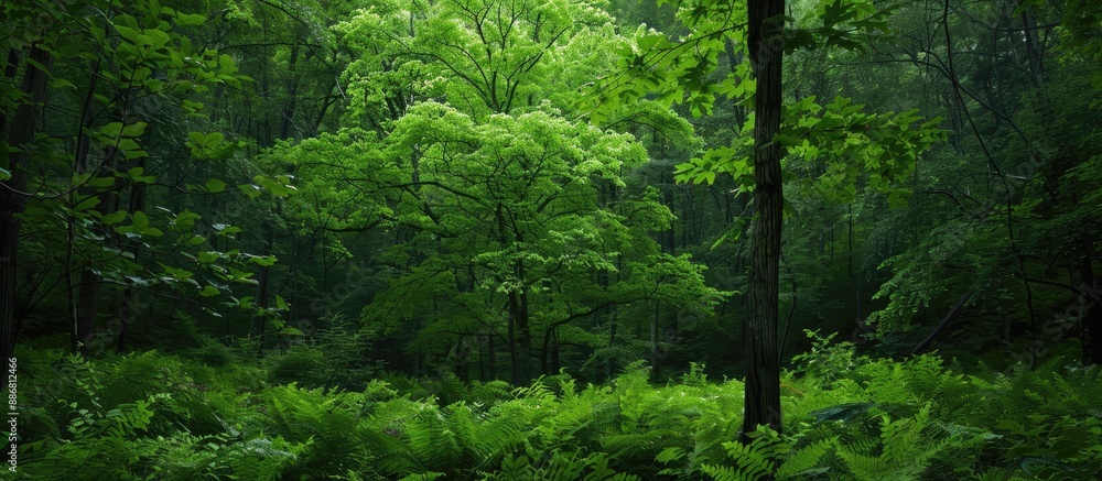 Poster young tulip poplar tree surrounded by lush ferns, creating a serene forest scene with a backdrop for
