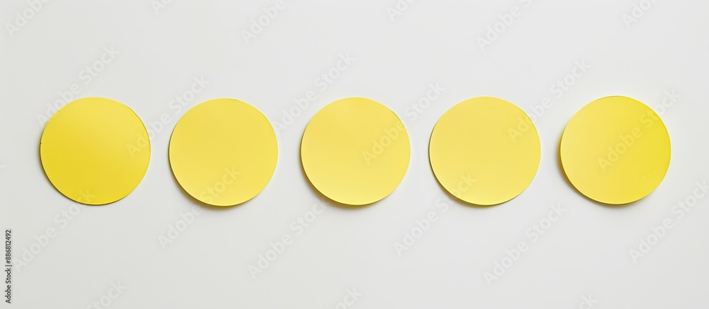 Aufkleber five yellow circular stickers on a white backdrop with copy space image.