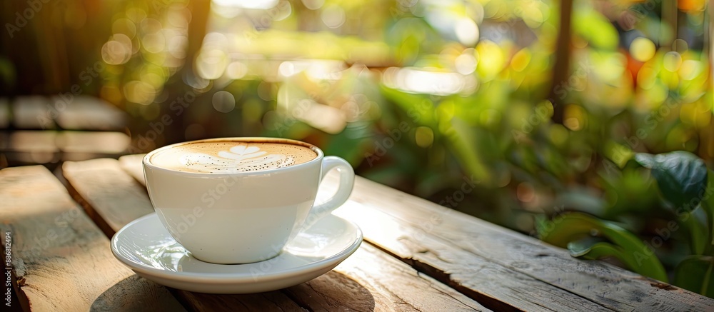 Aufkleber coffee in a white cup placed on a wooden table outdoors with empty space for adding images.