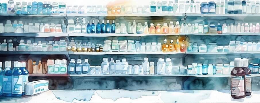 A shelf full of various bottles and containers in a pharmacy or supermarket.