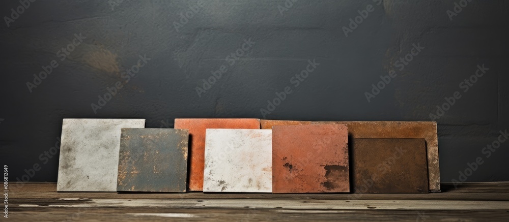 Poster business cards arranged in a stack on a textured grunge background, with copy space image.