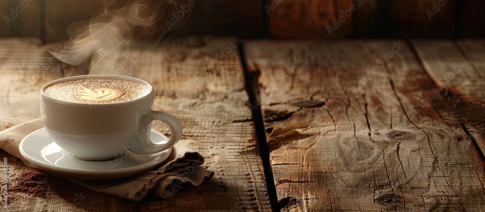 Aufkleber A steaming latte placed on a rustic wooden table in a cozy cafe setting with a copy space image available.