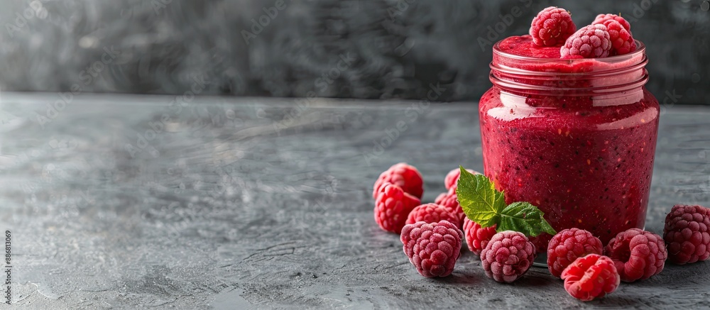 Poster glass jar with a raspberry smoothie, topped with fresh raspberries; there is space for copying in th