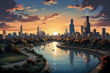 Fototapeta premium A painting of an urban landscape with the word Chicago., generative IA