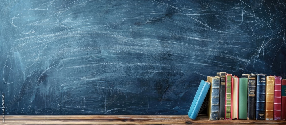 Aufkleber desk with a variety of books neatly arranged in front of a blank chalkboard background ideal for cop