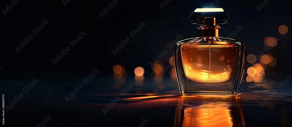 Poster a perfume bottle reflecting light in the dark with space for text or image insertion.
