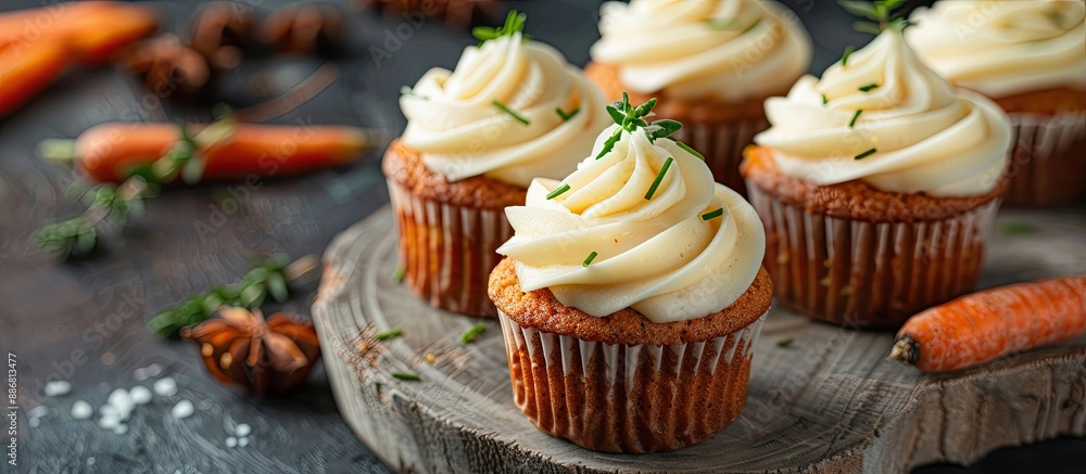 Poster carrot cake cupcakes with buttercream frosting perfect for featuring a copy space image.