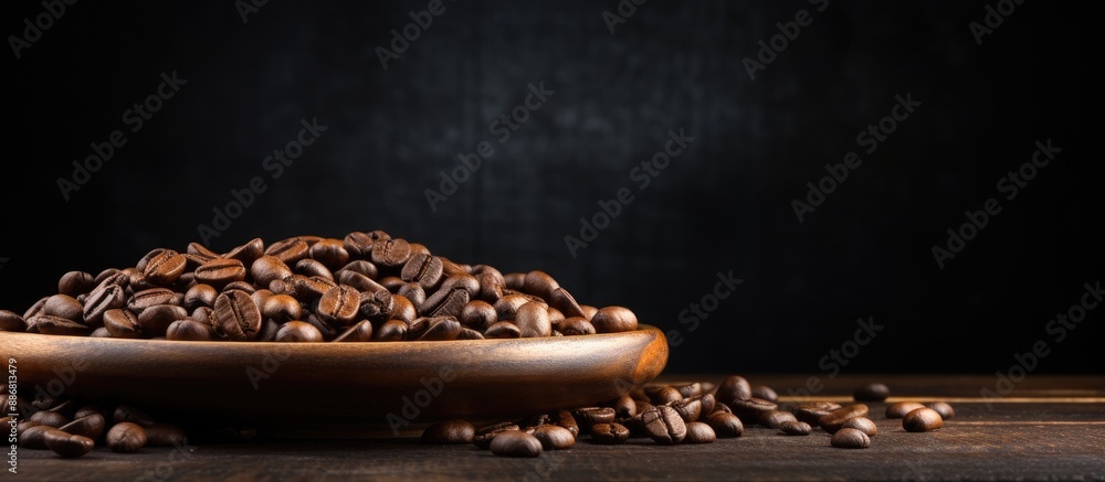 Aufkleber Close-up of coffee beans on a wooden plate against a dark background, providing ample copy space for adding text to the image.