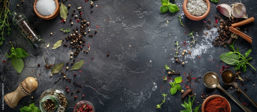 Poster various herbs, spices, and kitchen tools arranged on a black stone table with space for adding image