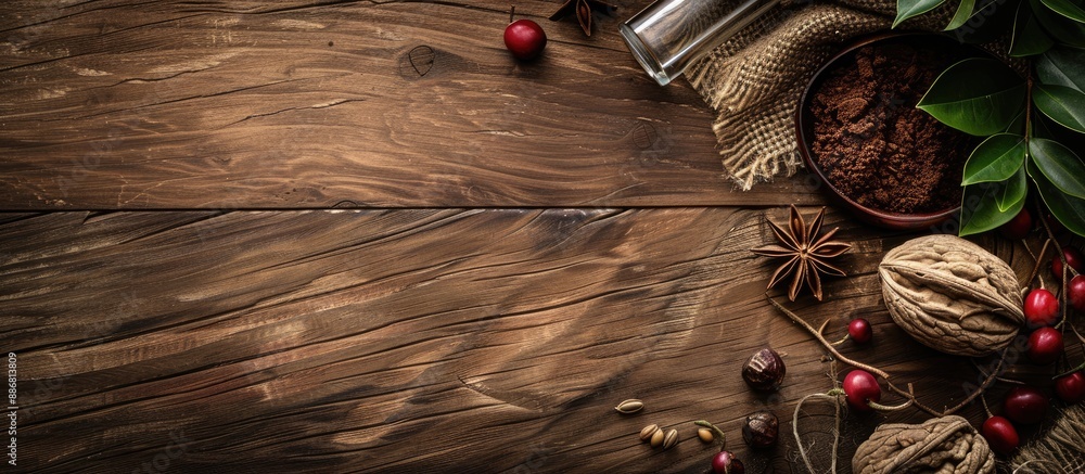 Poster Design element for product labeling and catalog print with a wooden background providing copy space image.