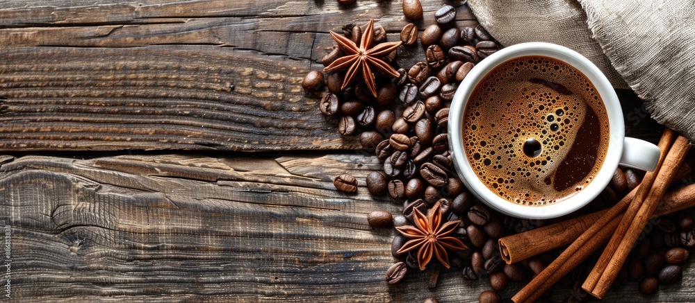 Poster an inviting arrangement of coffee with cinnamon sticks and roasted beans on a wooden table, creating