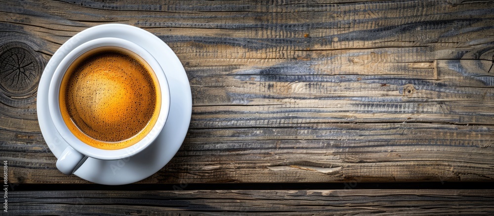 Poster top view of a cup of coffee on a wooden table with copy space image.