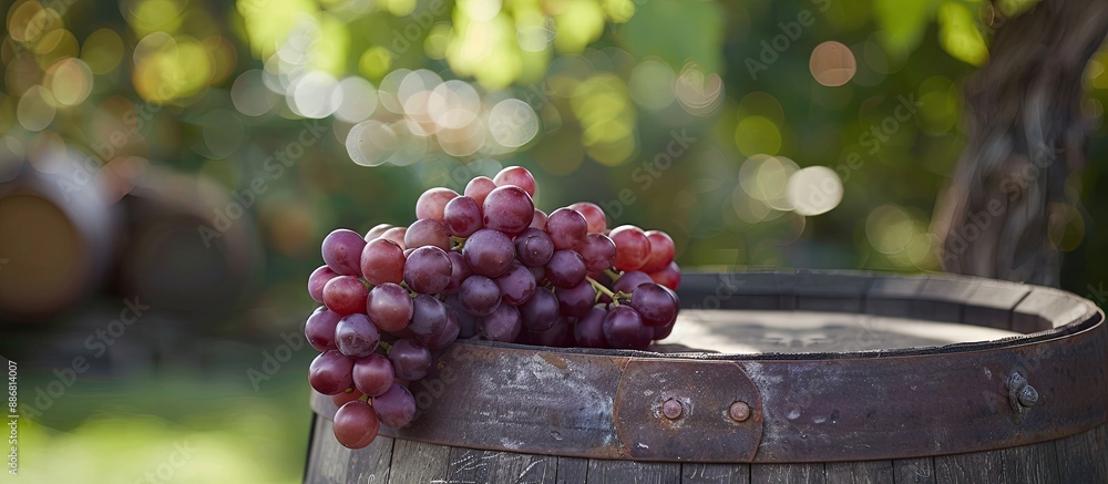Poster Copy space image of a grape placed on a wine barrel in an outdoor setting.