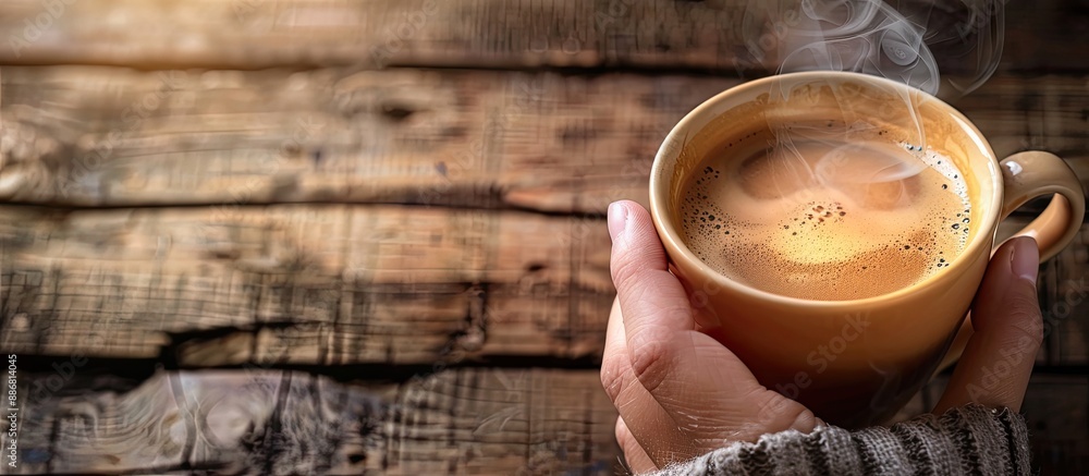 Aufkleber Hand holding a steaming cup of coffee with a rustic background and copy space image.