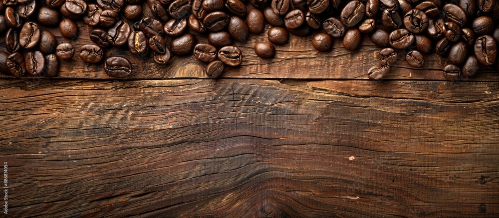 Poster coffee beans displayed on a wooden surface with ample copy space image.