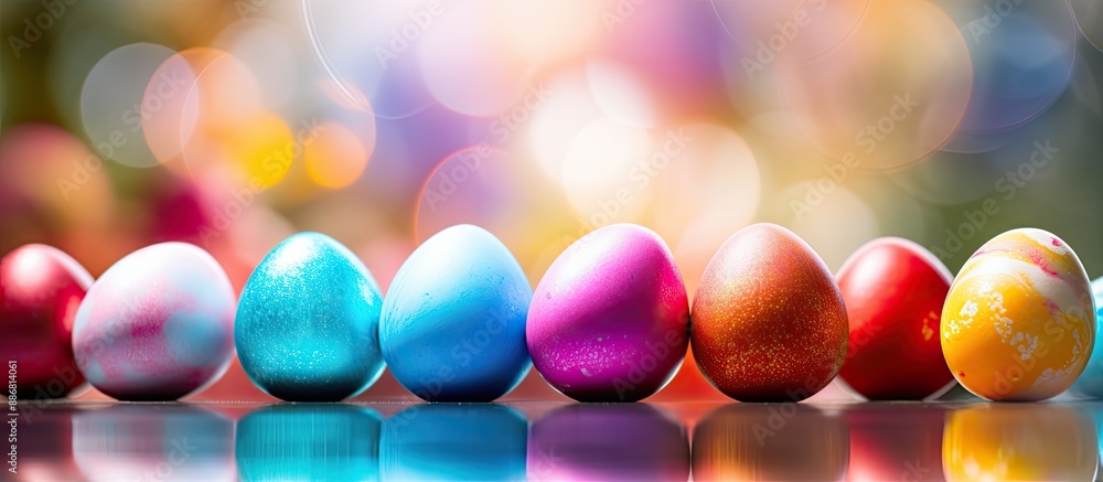 Aufkleber Shallow depth of field adds depth to the Easter-themed copy space image with colorful eggs.