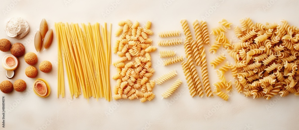 Poster various types of uncooked pasta like penne, fusilli, farfalle, and spaghetti arranged on a light con
