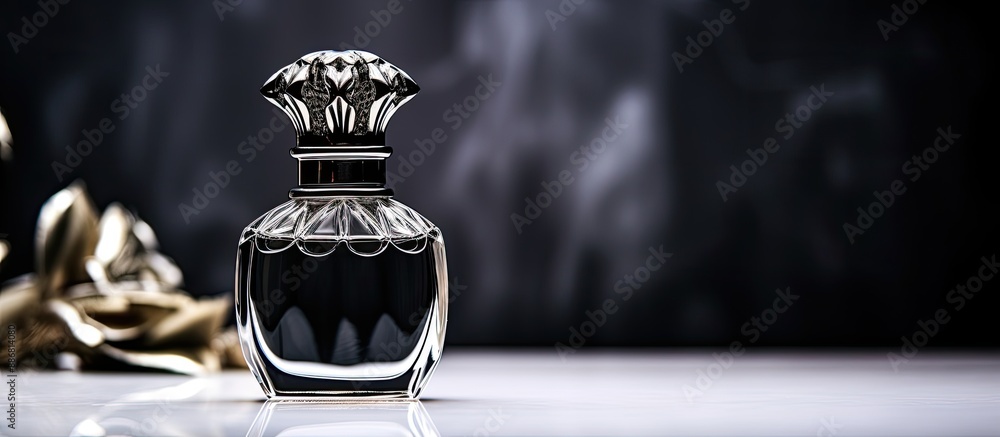 Poster black perfume bottle displayed on a shiny silver background with empty space for text or other eleme