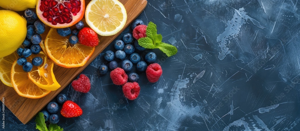 Poster flatlay of colorful fruits on a cutting board against a dark backdrop with a sliced lemon offering a