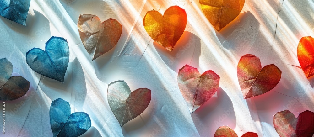 Poster colorful heart shapes crafted from textured velvet paper against a white backdrop with alternating p