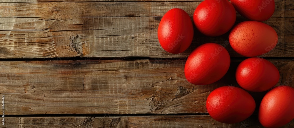Poster easter-themed red eggs showcased against a rustic wooden backdrop with ample copy space image.