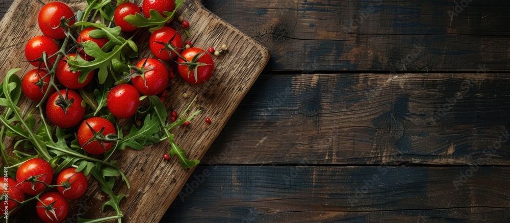 Poster a cutting board displays red tomatoes and arugula leaves on a dark wooden surface with ample copy sp