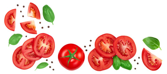 Tomato slices with basil and peppercorns isolated on white background. Clipping path. Top view with copy space for your text. Flat lay
