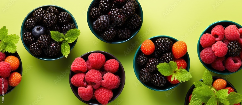 Poster top view of a vibrant assortment of fresh berries in bowls on a green background with copy space ima