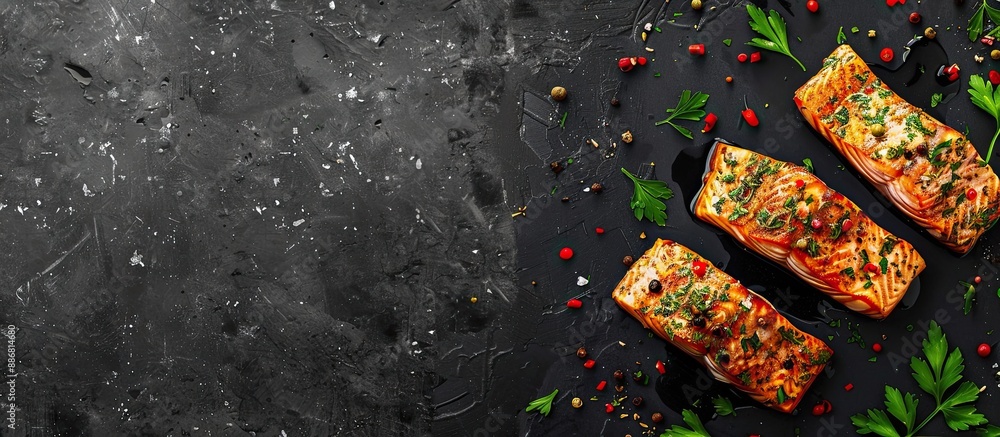 Aufkleber An appetizing dish of salmon fillet with aromatic herbs and spicy seasonings, presented in a visually appealing manner with a blank space for adding text or graphics.