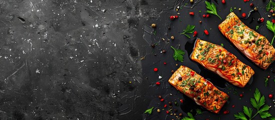 An appetizing dish of salmon fillet with aromatic herbs and spicy seasonings, presented in a visually appealing manner with a blank space for adding text or graphics.